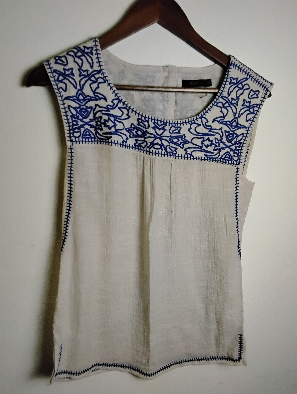 THML Sleeveless White Tank Top with Blue Embroidered Yoke Xs